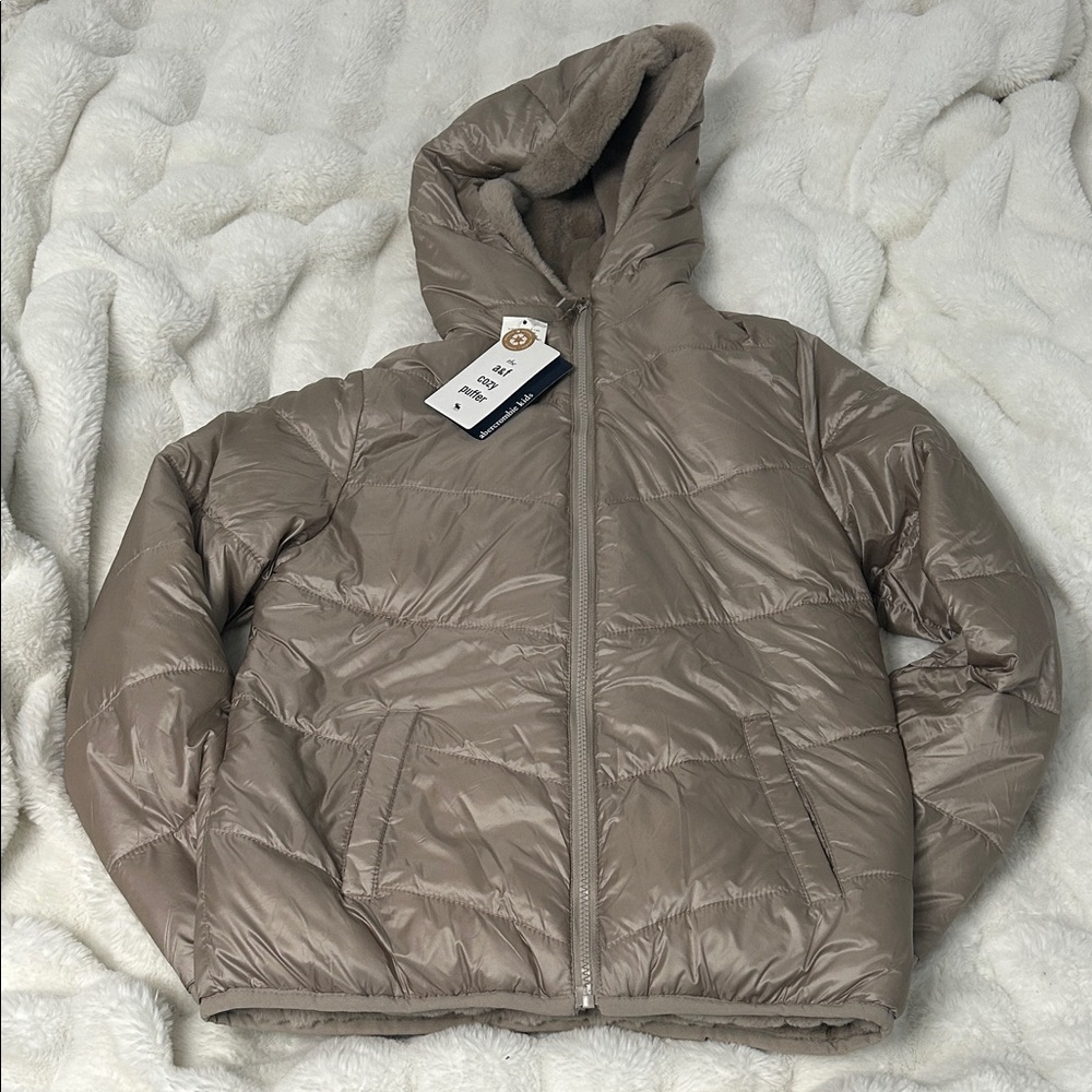 Taupe Puffer Jacket with Hood